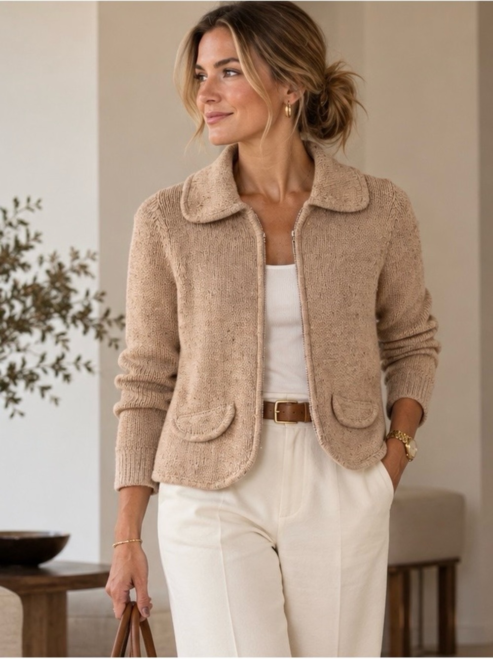 Liz Claiborne Zip-Front Knit Cardigan Sz SP NWT Color: Latte/Caramel
